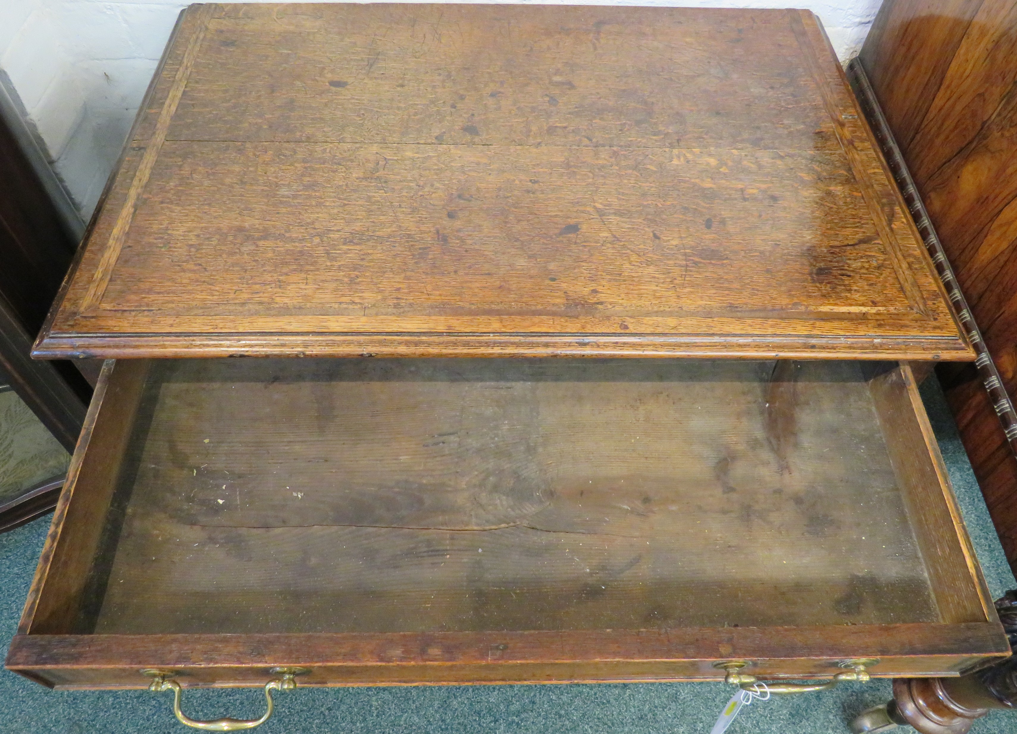 19th century banded oak desk with one long drawer over two short drawers either side of a wavy - Image 5 of 5
