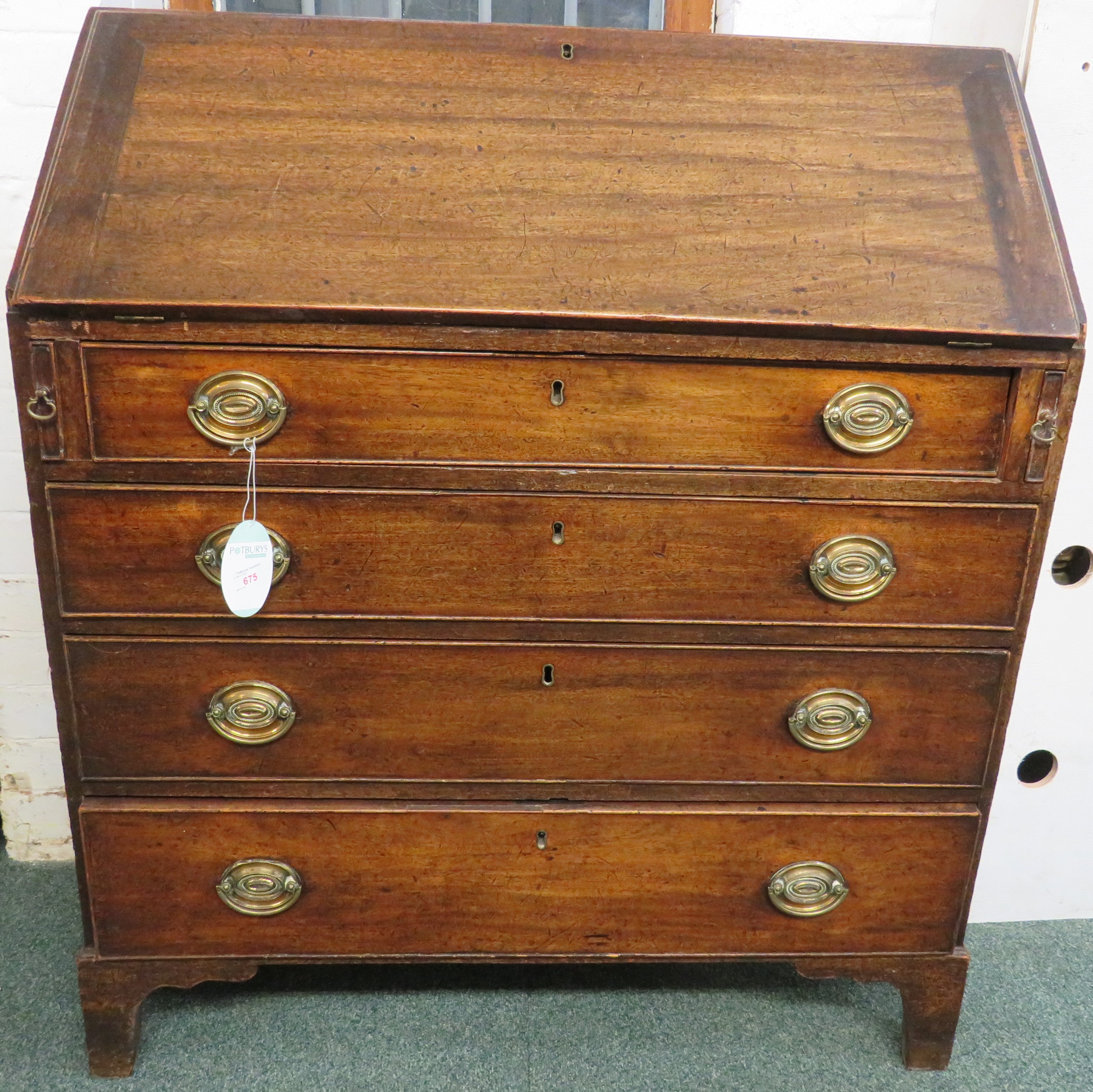 Mahogany bureau, the interior of the fall-front with pigeon holes, drawers and a central compartment - Image 2 of 4