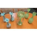 Opaque green glass pendant lustre (height 31cm), a pair of opaque green glass bottle vases with