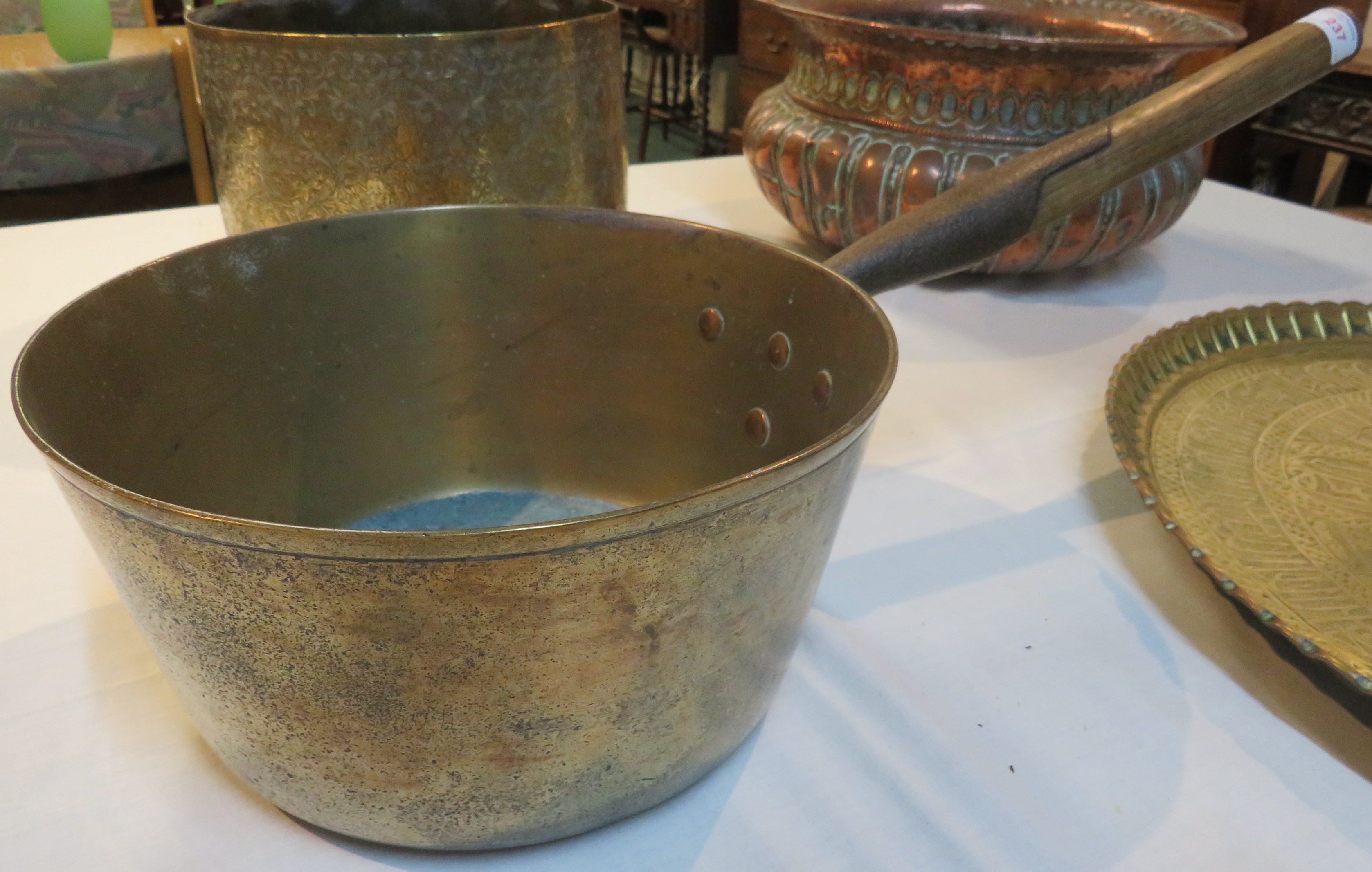 A selection of brass and copper - a circular brass tray engraved with King and Queen and - Image 4 of 6