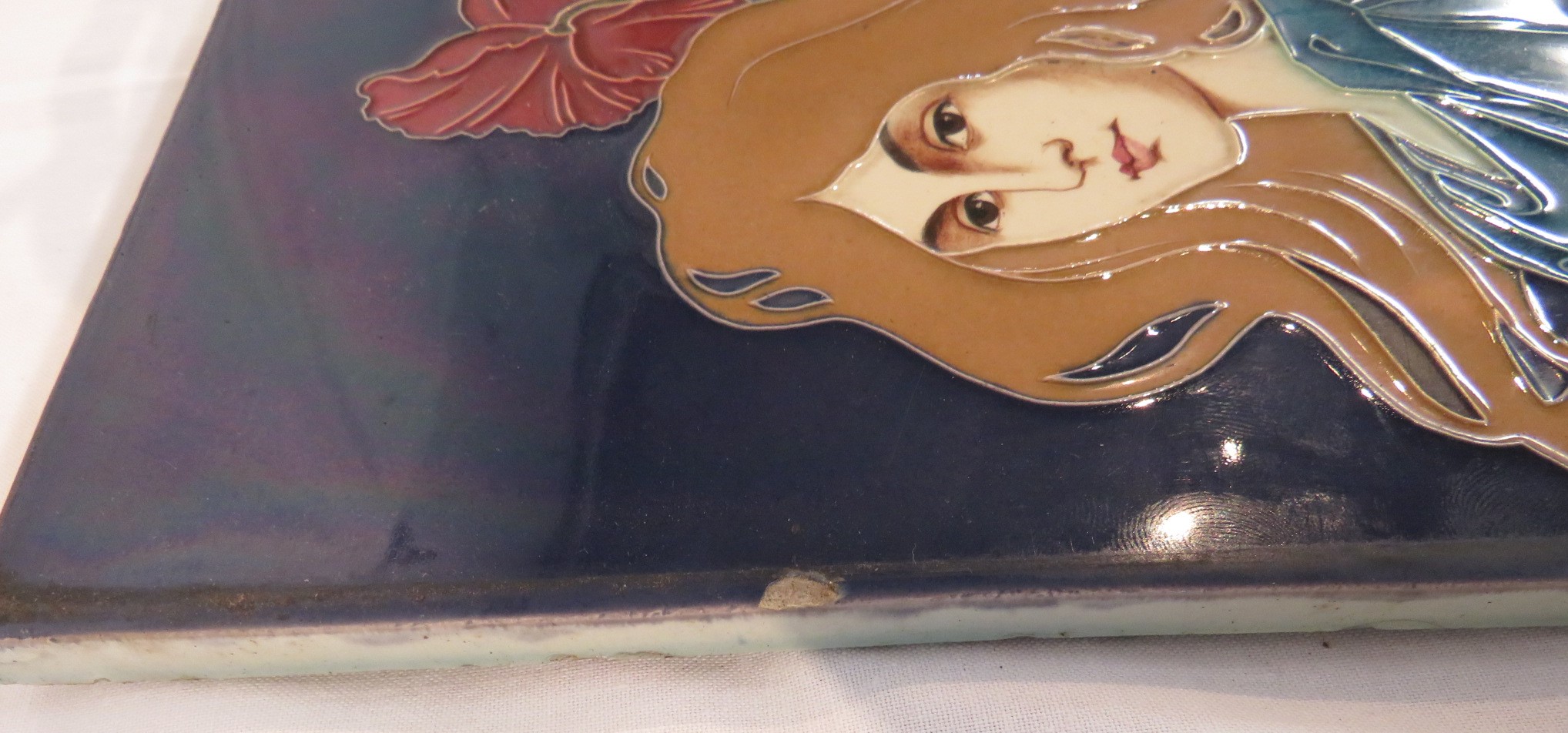 An Art Nouveau ceramic tile by Carl Sigmund Luber, depicting head and shoulders of woman in blue - Image 2 of 14