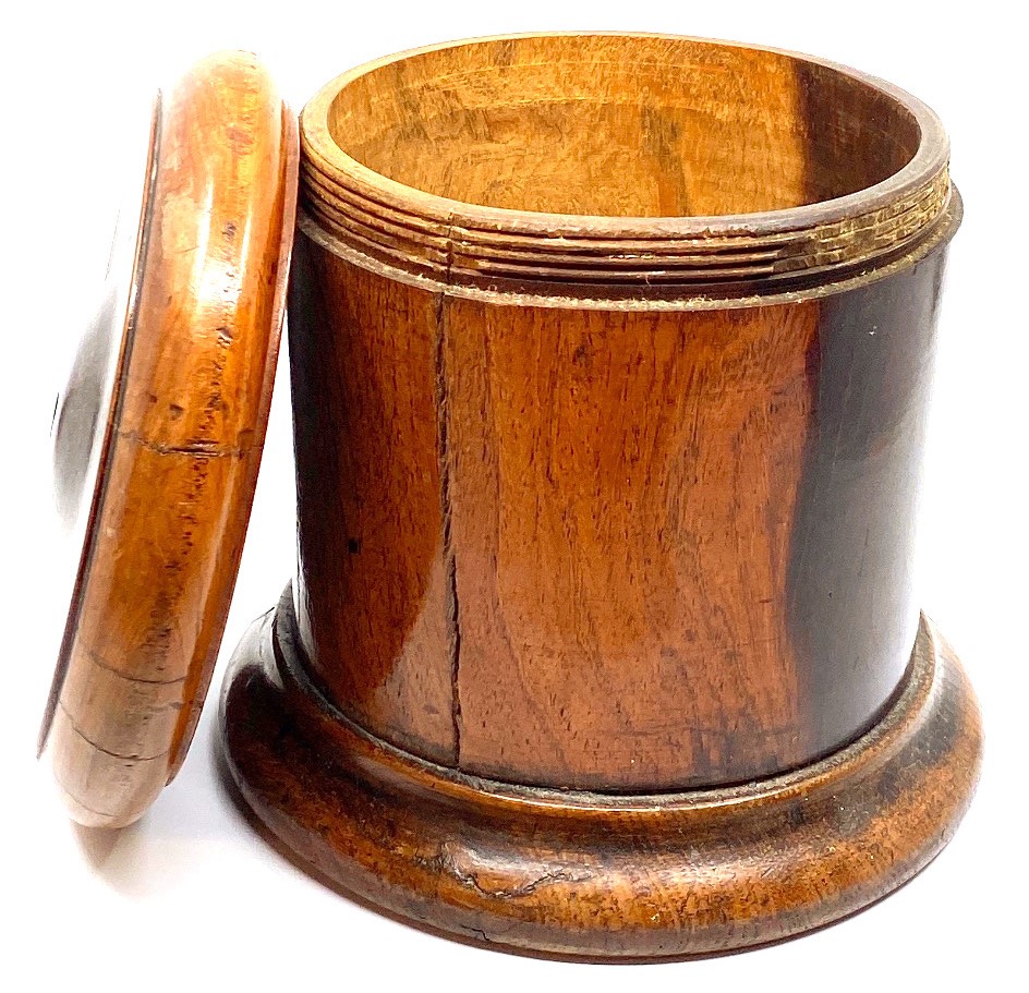 A Victorian mahogany string or twine jar, cylindrical with screw lid, height 14cm, diameter 15cm - Image 2 of 2