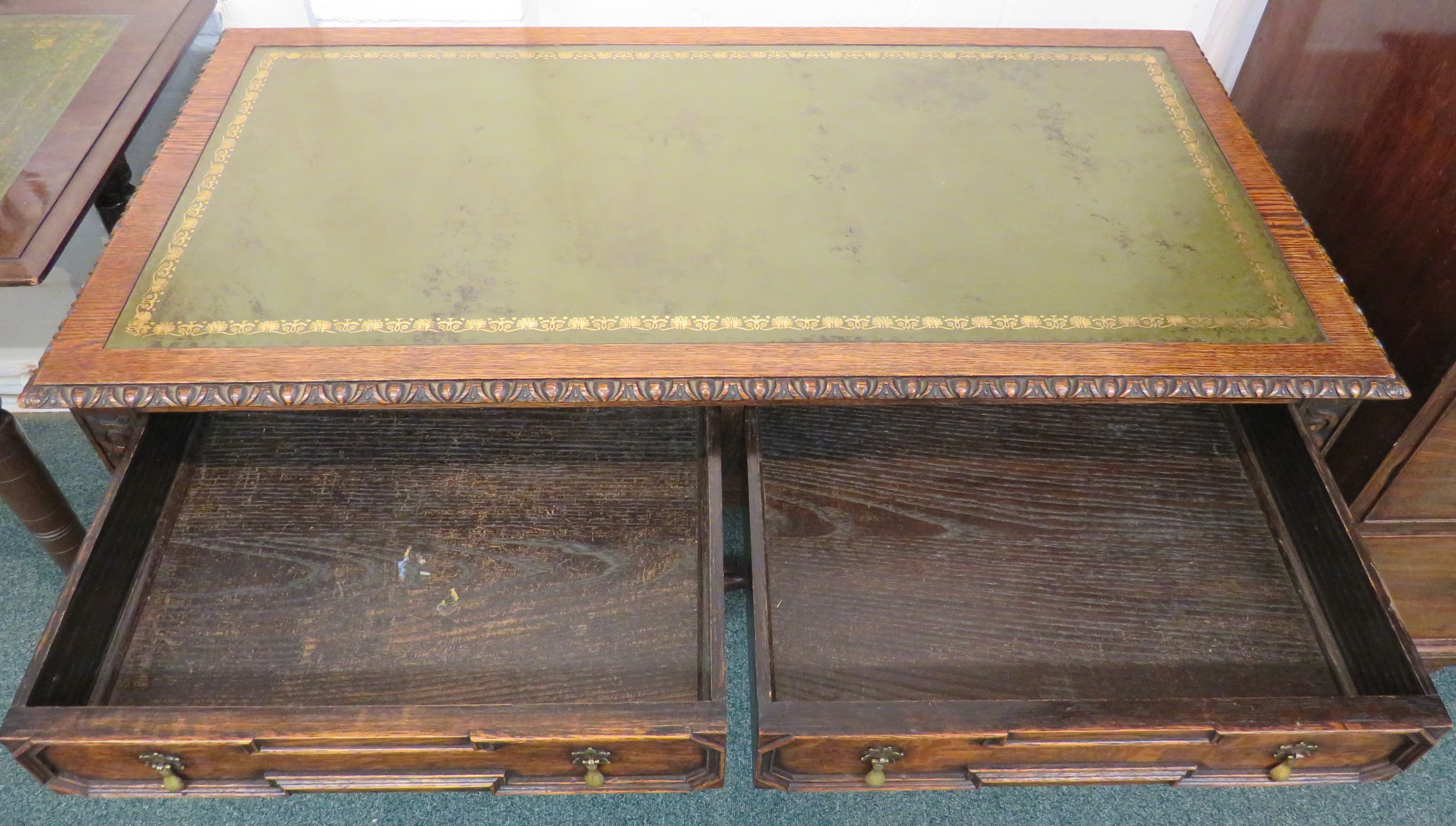 Oak desk on spiral turned legs and stretcher, the top with green leather scriber with embossed - Image 4 of 7