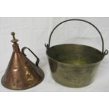 Brass preserve pan (diameter 34cm) with iron handle, and a French copper fuel can of conical shape