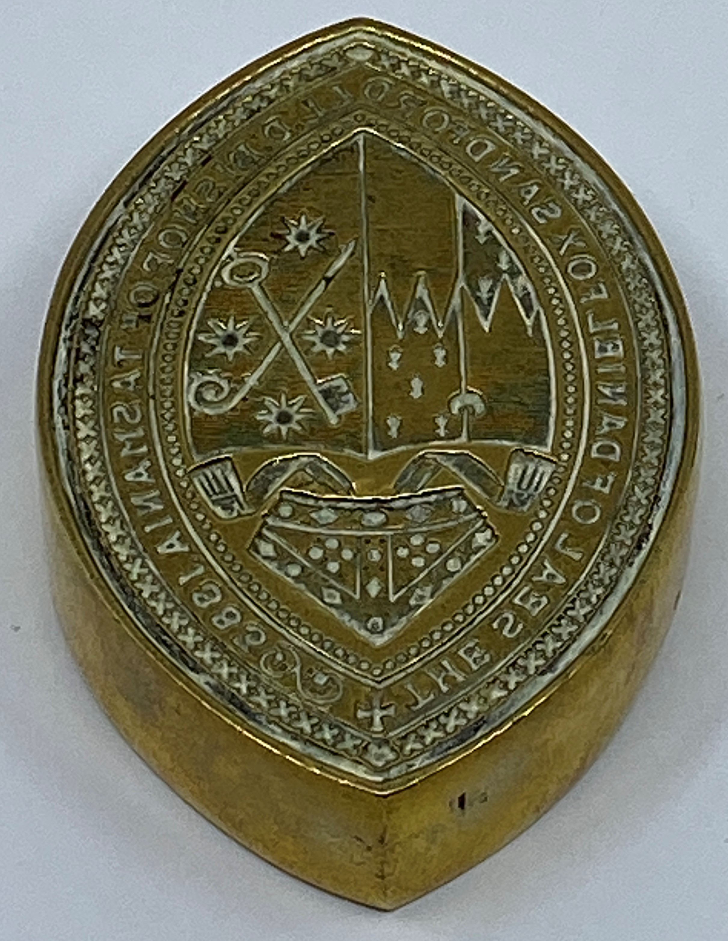 Tasmania interest - a Victorian oval brass paperweight with intaglio seal, inscribed to the