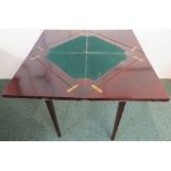 Edwardian mahogany card table with rotating and folding quadrant top, green baize within, a single