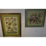 Two framed early-mid 20th century needleworks - the first showing a long-tailed bird in flowering