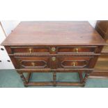 18th century oak chest on stand, the top with beaded trim and having two drawers with brass pear-