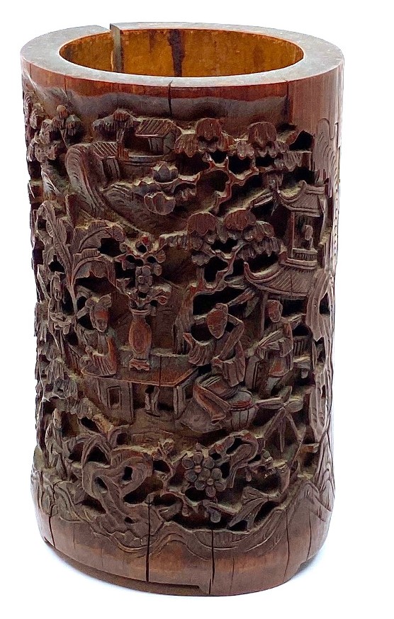 Bamboo brush pot carved with a panel of figures in garden and five columns of script and