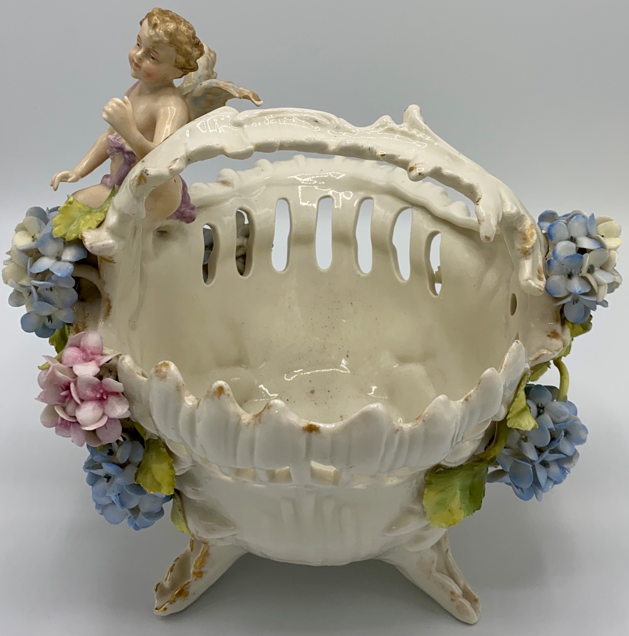 Continental white porcelain fruit basket of naturalistic form with gilding, encrusted with pink - Image 2 of 5