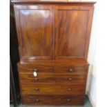 19th century mahogany press or cupboard on chest, the top with two doors enclosing three