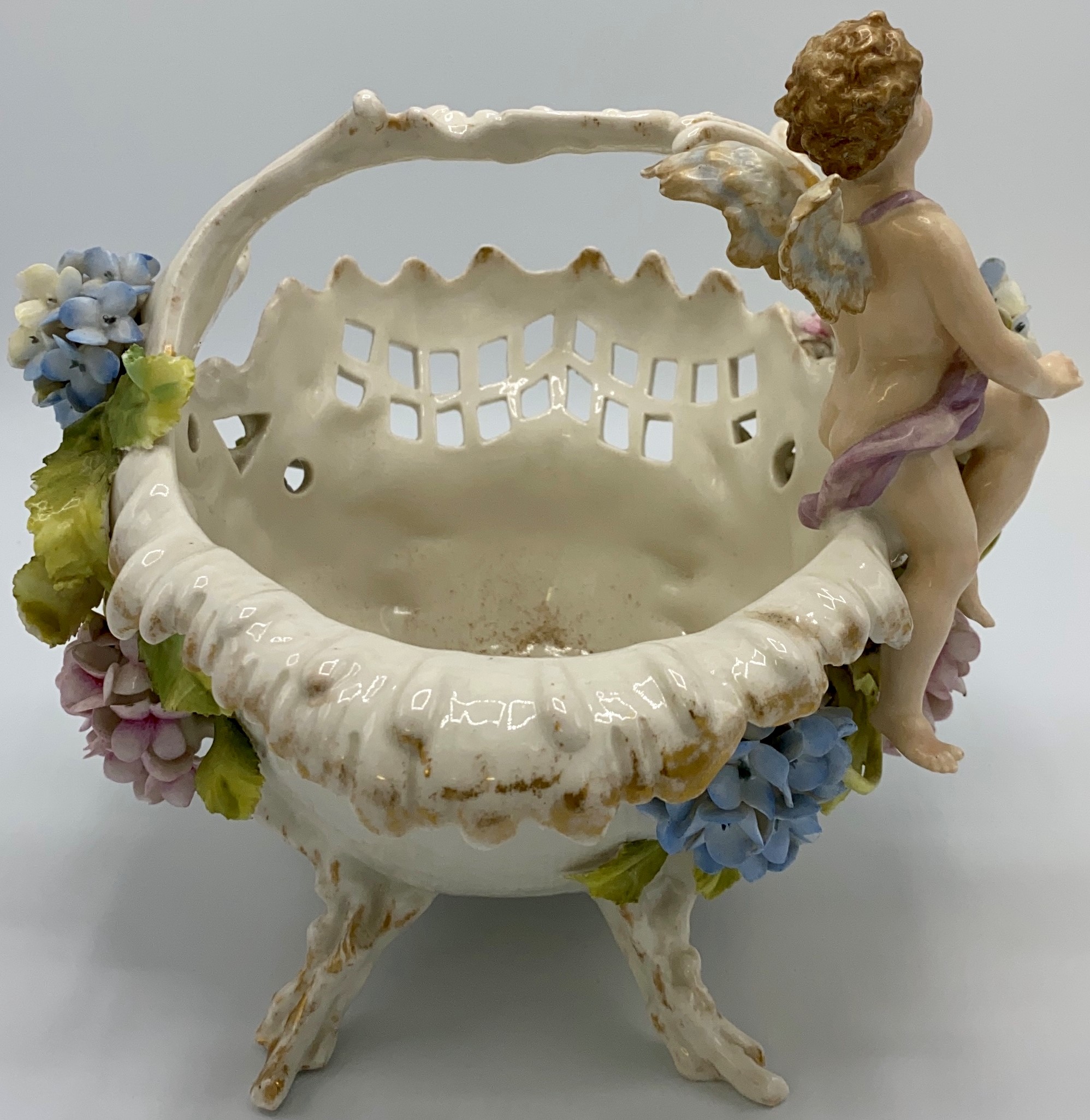 Continental white porcelain fruit basket of naturalistic form with gilding, encrusted with pink - Image 4 of 5