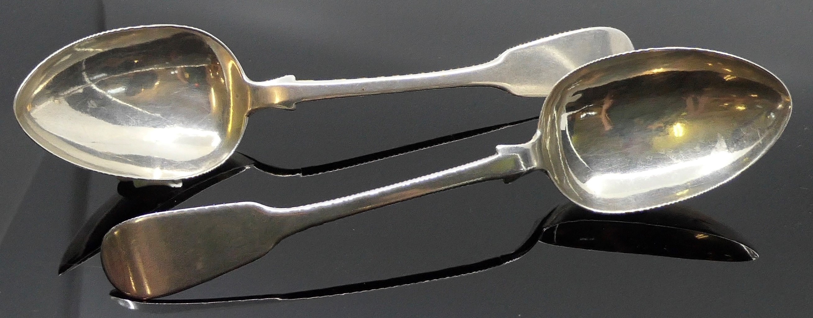 Two Victorian silver table spoons, marks for Exeter, 1842, maker's stamp John Stone, 2.2 ozt and 2.1