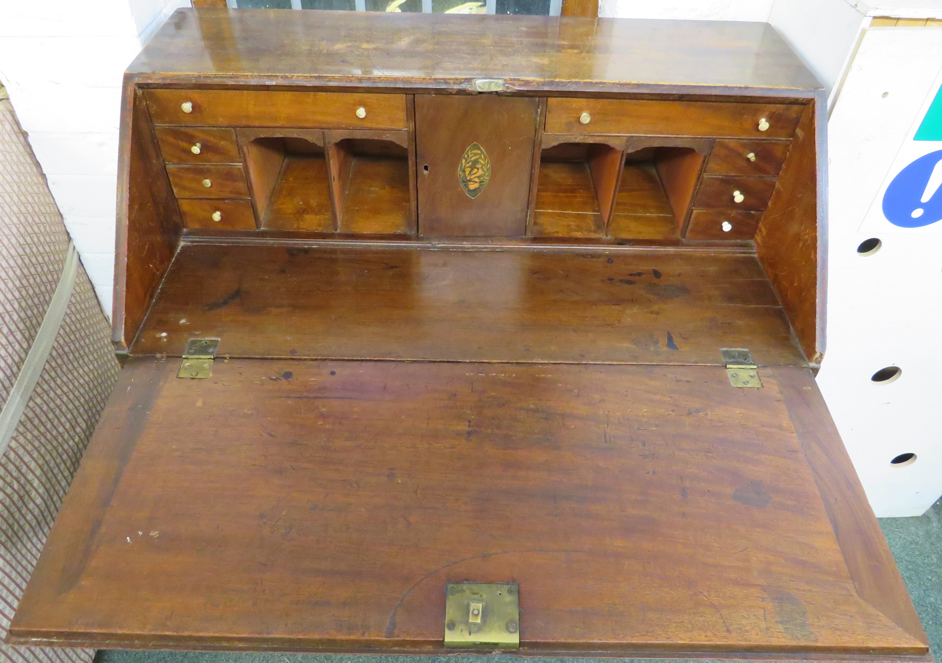 Mahogany bureau, the interior of the fall-front with pigeon holes, drawers and a central compartment - Image 3 of 4