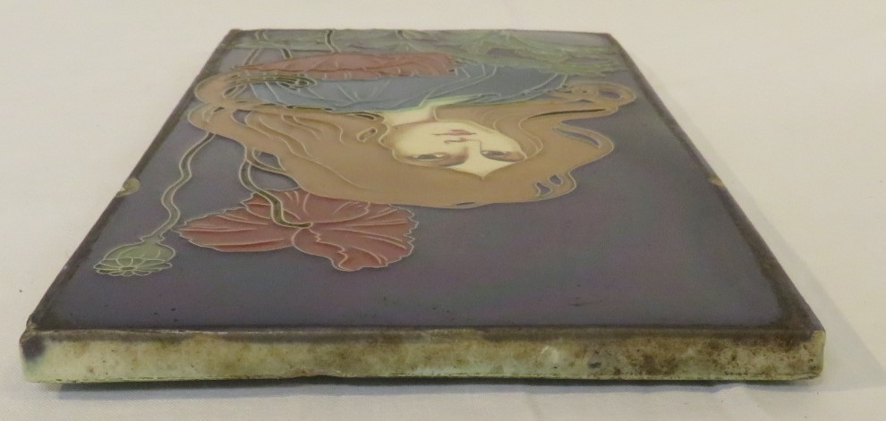 An Art Nouveau ceramic tile by Carl Sigmund Luber, depicting head and shoulders of woman in blue - Image 8 of 14