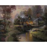 After Thomas Kinkade (1958-2012) - reproduction print of cottage and stream with swans, (27cm x