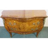 French style reproduction bombe commode of two drawers, banded mahogany and walnut veneer, foliate