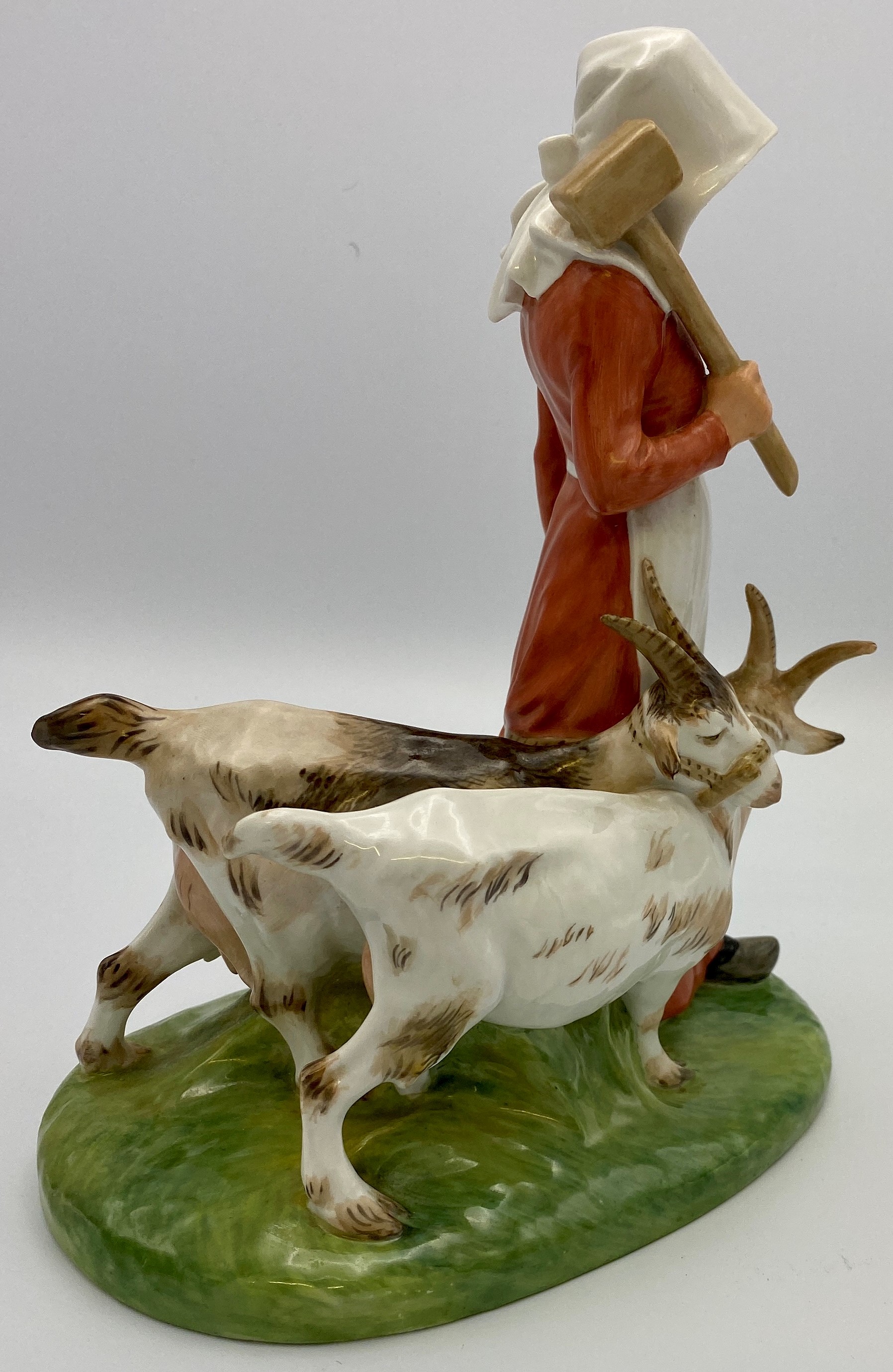 Royal Copenhagen porcelain group of woman with mallet and two billy goats, the woman in red dress, - Image 2 of 5