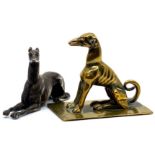 Small brass figure of greyhound seated on its haunches on a rectangular base 70mm x 43mm height