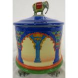 Dennis China Works 'Indian Elephant' lidded jar raised on four elephant's feet, design No 19,