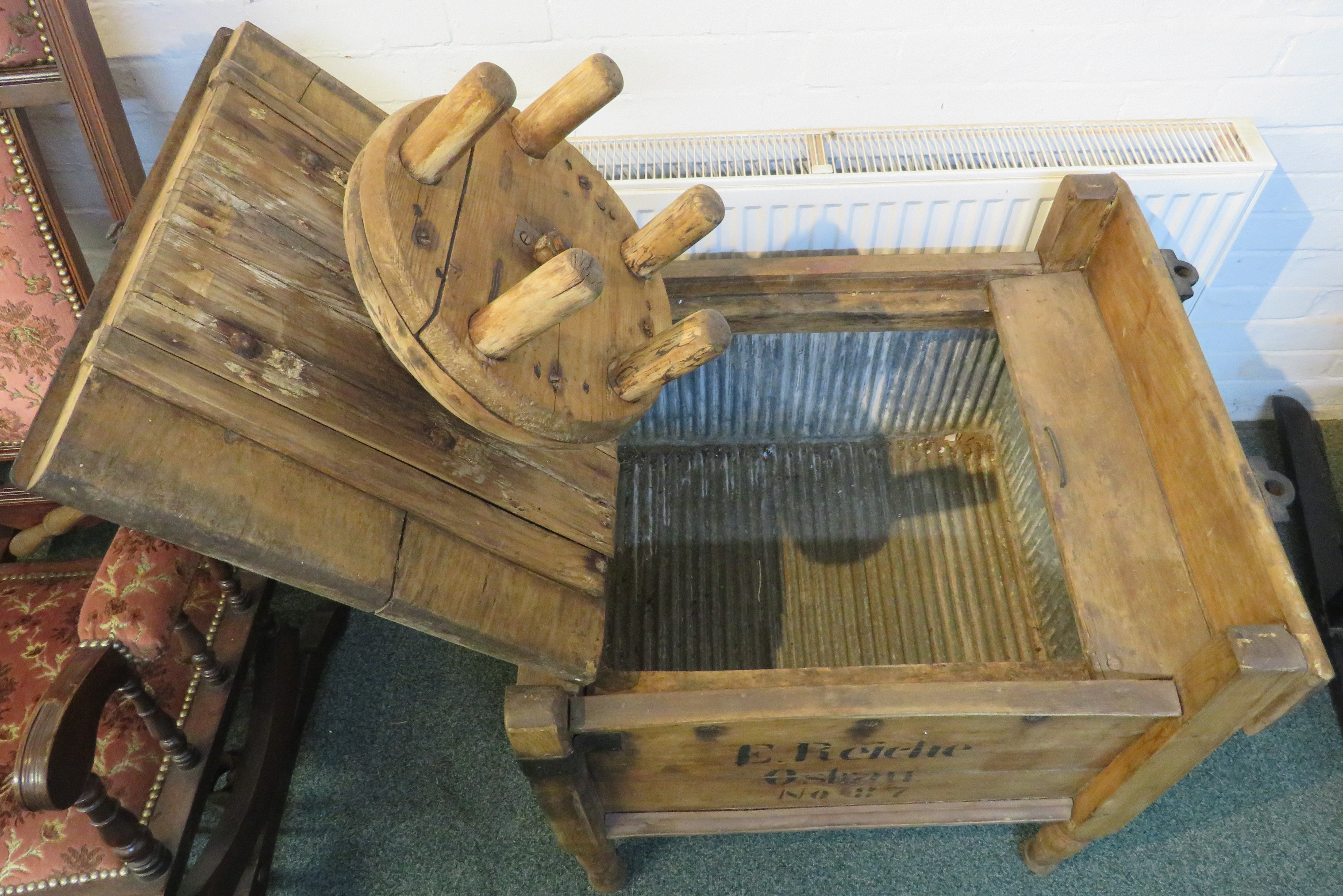 An early wooden tub washing machine fitted with a handle and gear mechanism to the lid driving a - Image 7 of 8