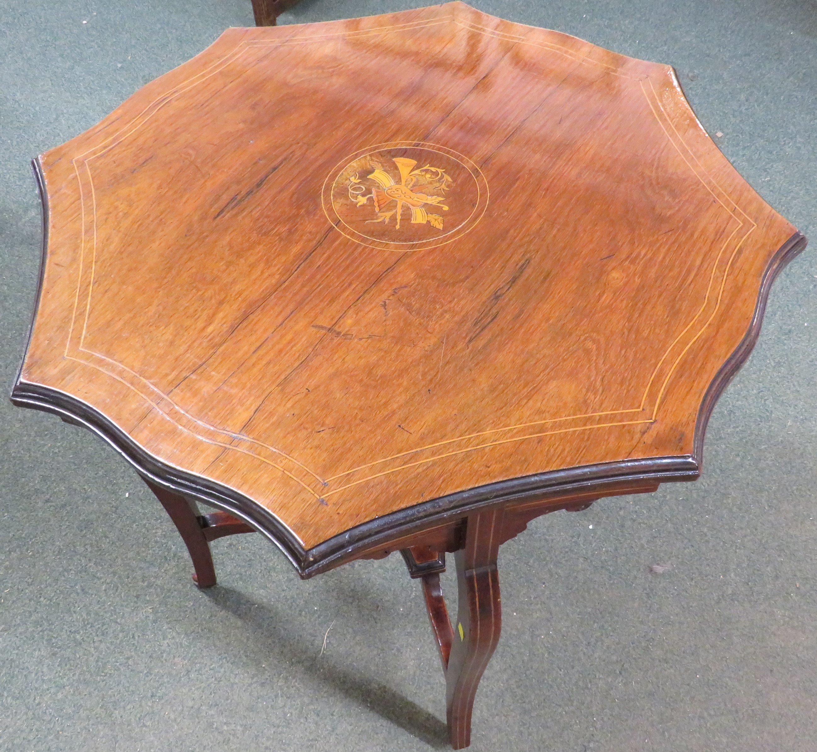 Late Victorian octagonal inlaid side table with boxwood stringing, the shaped top with inlaid - Image 2 of 5