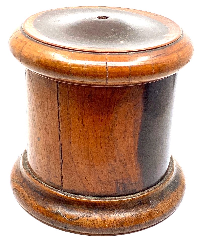 A Victorian mahogany string or twine jar, cylindrical with screw lid, height 14cm, diameter 15cm