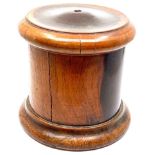 A Victorian mahogany string or twine jar, cylindrical with screw lid, height 14cm, diameter 15cm