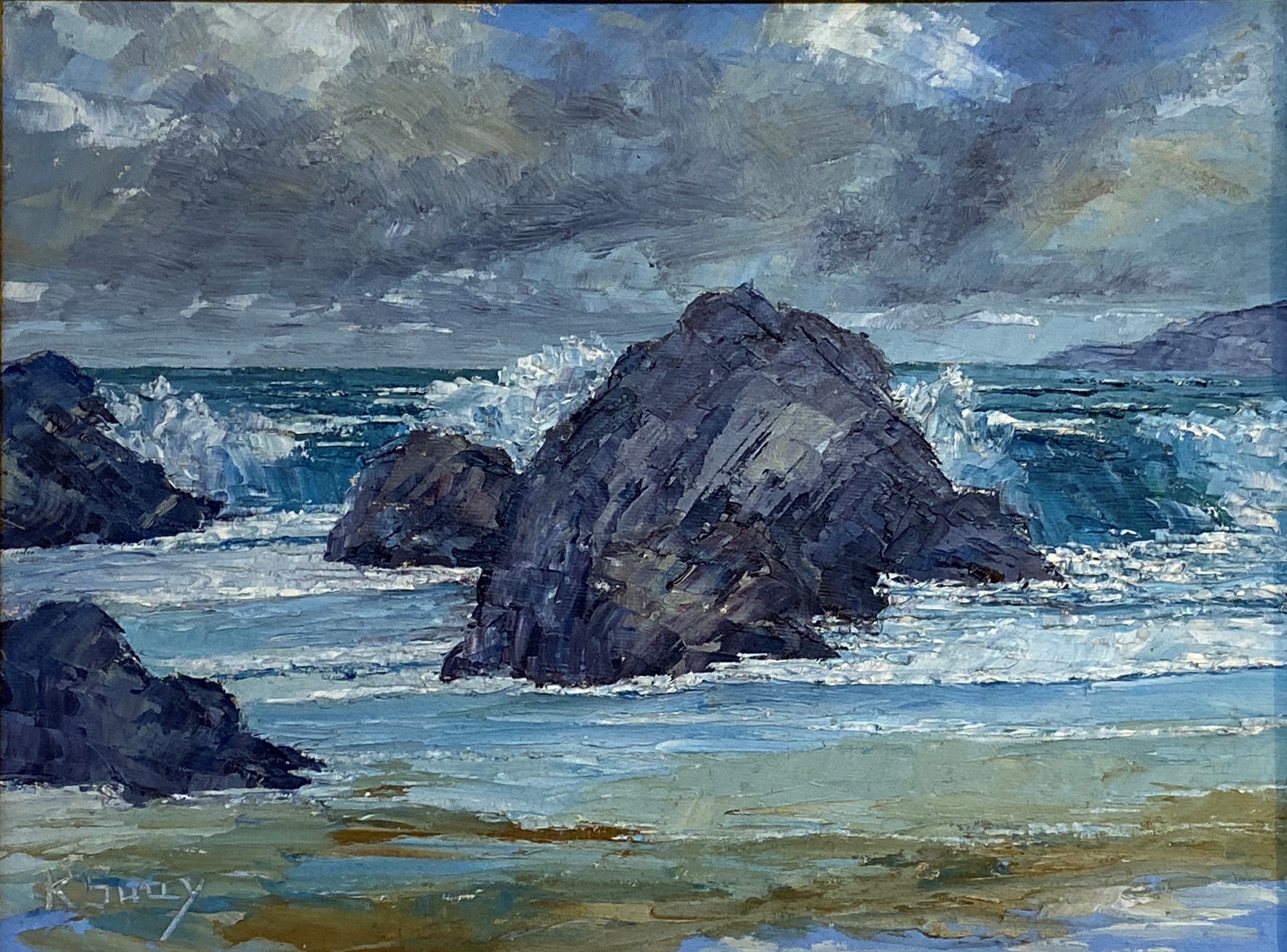 K Shuy - rocky shore, oil on board, signed lower left, (29.5cm x 39cm), in a decoratively moulded