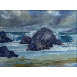K Shuy - rocky shore, oil on board, signed lower left, (29.5cm x 39cm), in a decoratively moulded