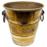Pol Roger plated brass champagne bucket with two ring handles on vine leaf mounts, height 20cm