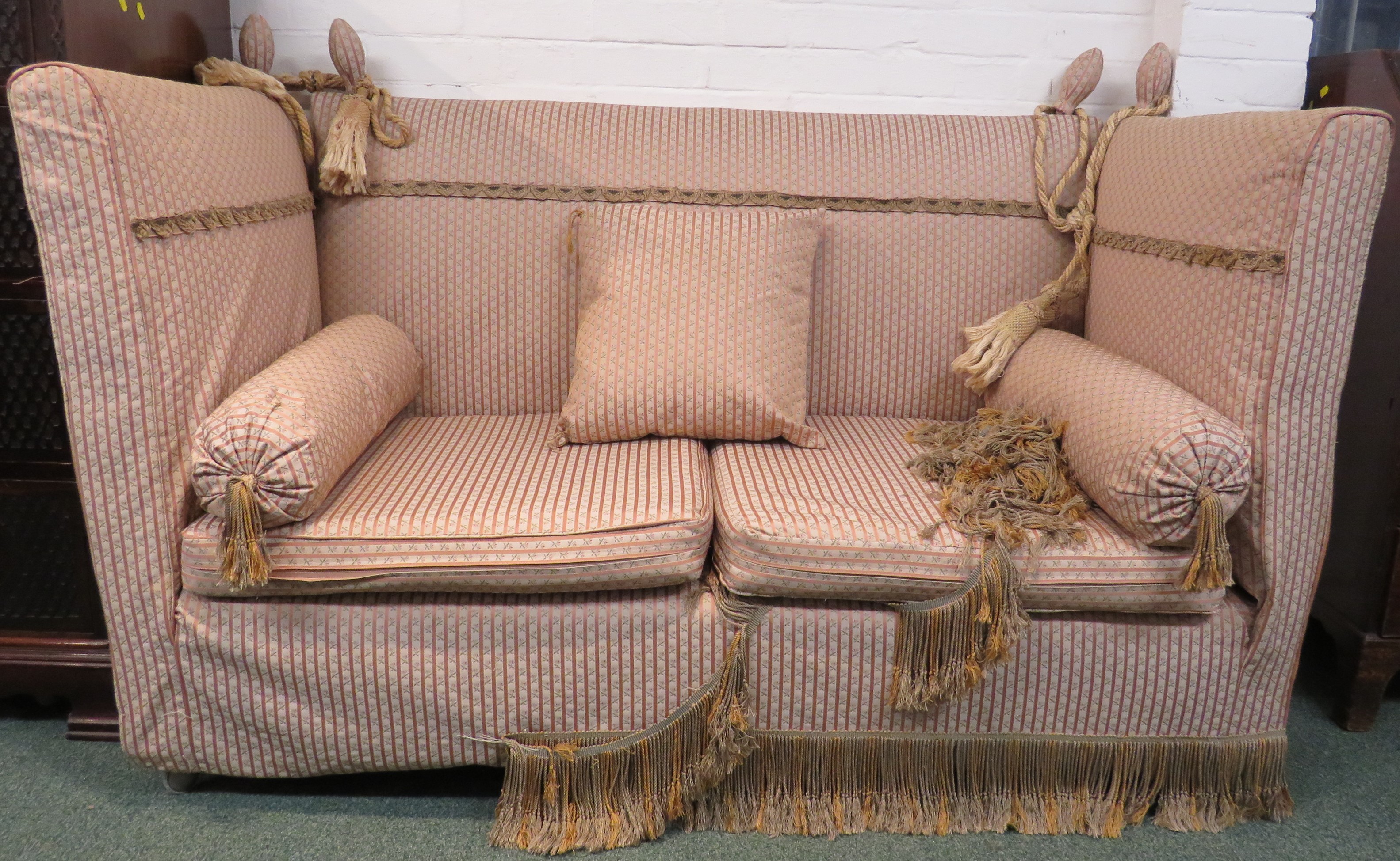 A drop-end Knoll sofa re-upholstered in pink and cream narrowly striped fabric with florets, - Image 2 of 5