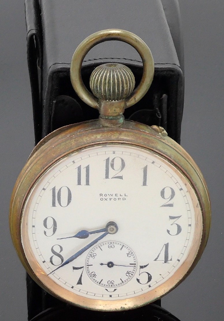 Goliath pocket watch, dial with Arabic numerals and subsidiary seconds dial, signed Rowell Oxford,