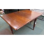 Victorian mahogany rectangular gate-leg table, on turned and reeded legs with brown china castors,