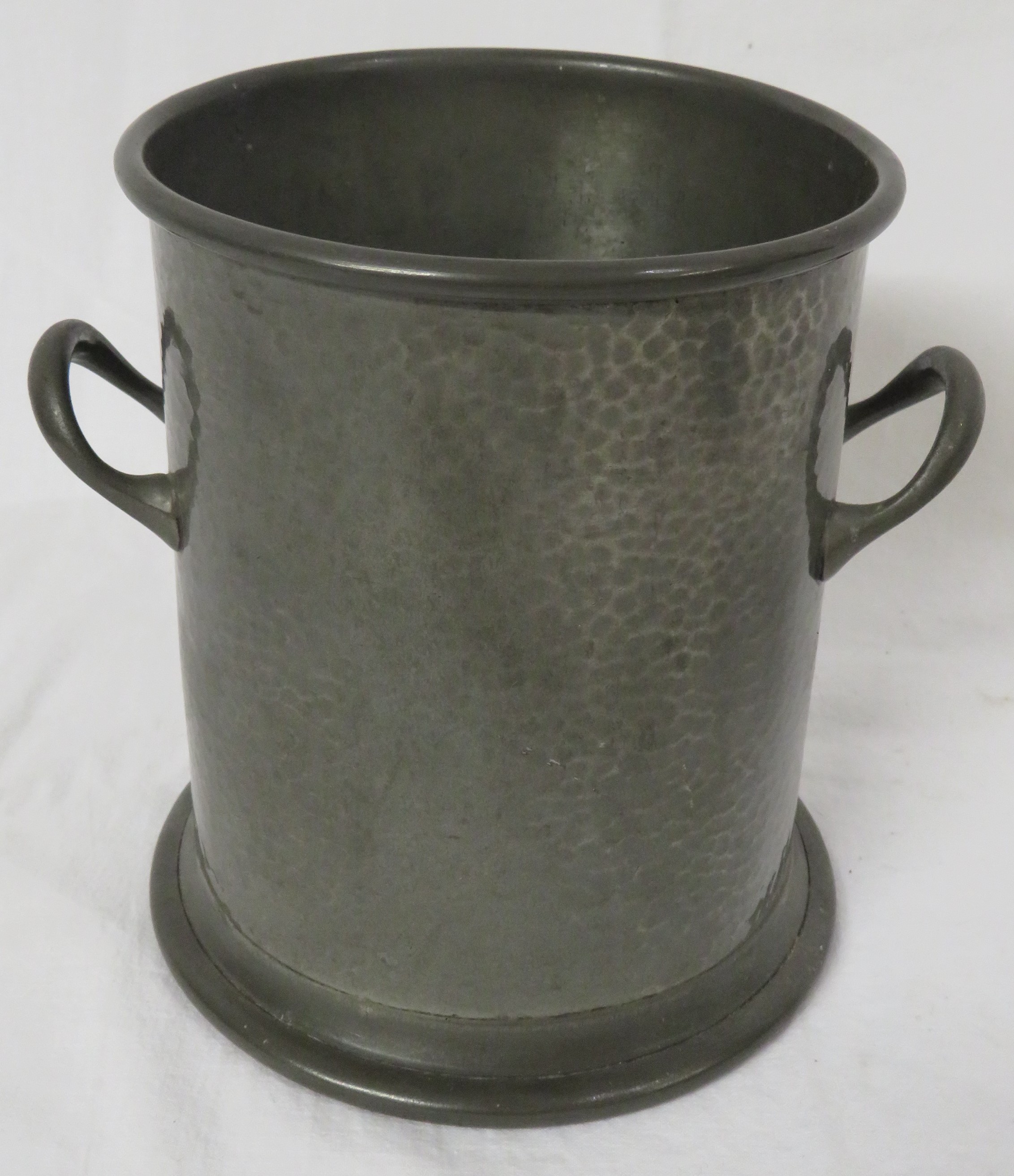 Pewter bottle coaster with planished surface and two handles, height 15.5cm, the base stamped - Image 2 of 6