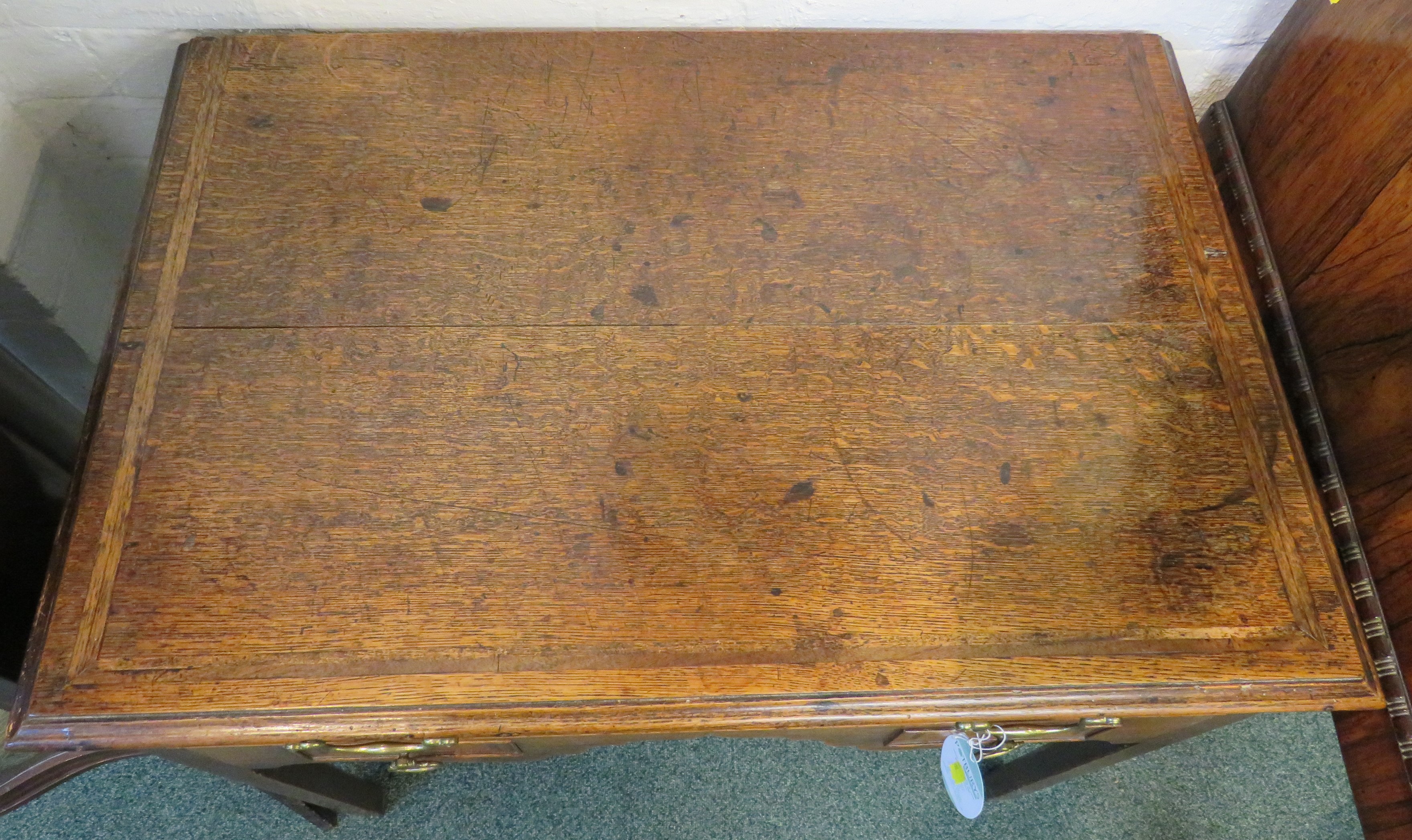 19th century banded oak desk with one long drawer over two short drawers either side of a wavy - Image 3 of 5