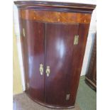 Georgian mahogany bow-fronted wall-mounting corner cupboard, two doors with brass H-hinges and