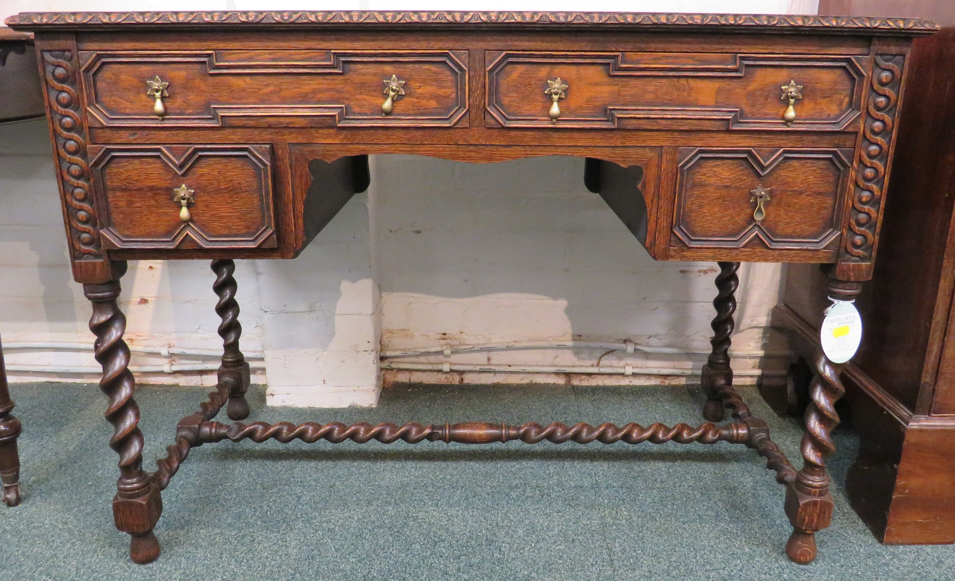 Oak desk on spiral turned legs and stretcher, the top with green leather scriber with embossed - Image 2 of 7