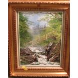 IMPASTO OIL ON CANVAS OF BRIDGE AND WATERFALL, SIGNED Y CROW TO BACK OF CANVAS, IN DEEP MOULDED GILT