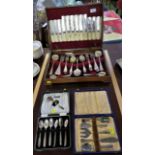 OAK CANTEEN OF SILVER PLATED AND STAINLESS CUTLERY, CASED SET OF SILVER PLATED TEASPOONS AND ONE