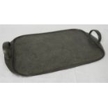 Arts and Crafts pewter serving tray, oblong with planished surface and two raised handles, 47.5cm