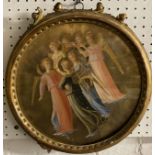 After Fra Angelico, an early 20th century circular print of angels with hand-painted gilding and