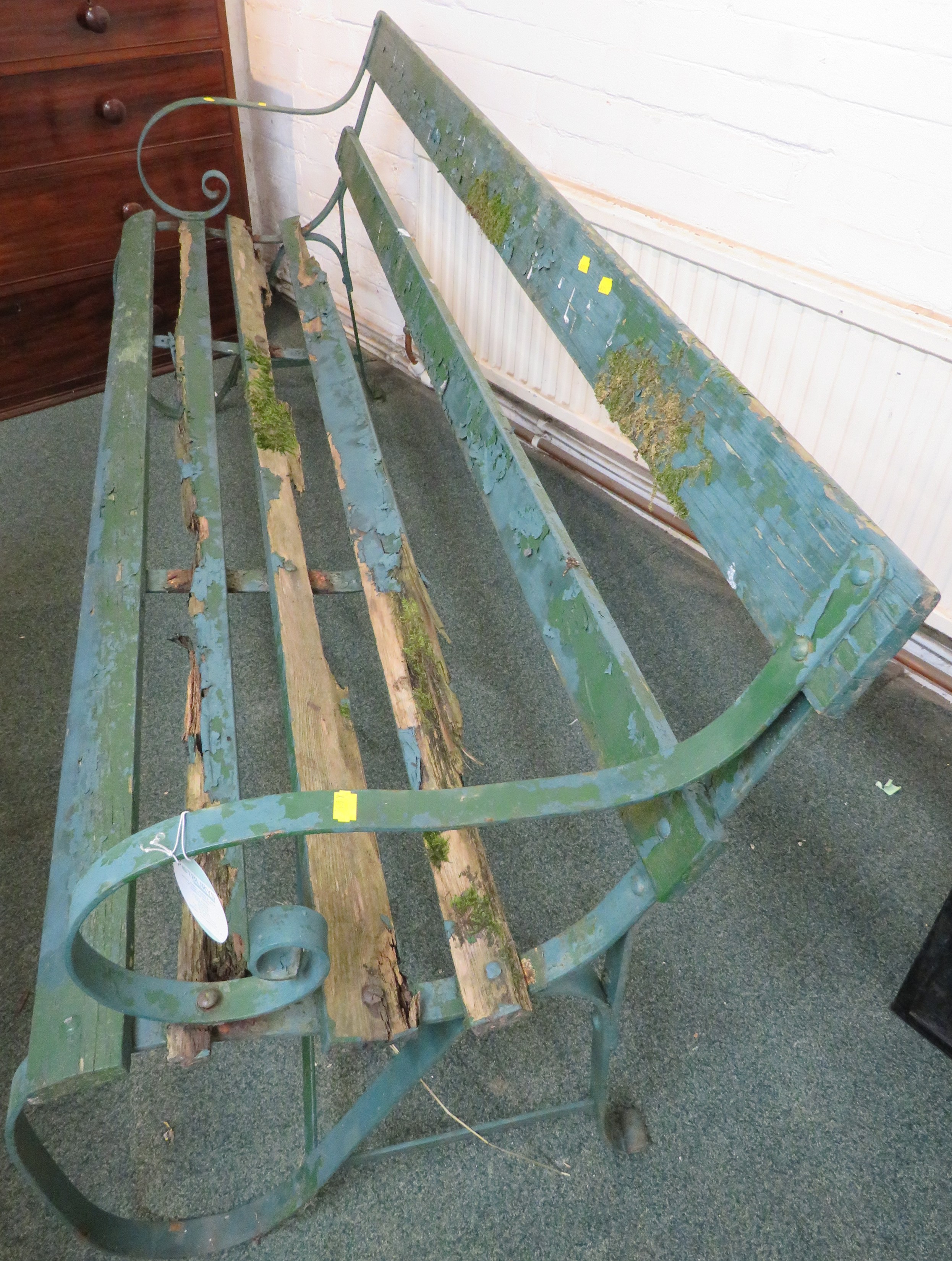 A wooden slatted garden bench with scrolled wrought metal ends, painted green, height 80cm, length - Image 4 of 4