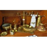 OAK LETTER RACK, PAIR OF BRASS CANDLE HOLDERS, BRASS CRUMB TRAY AND BRUSH, OTHER BRASSWARE AND