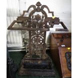 CAST IRON UMBRELLA AND STICK STAND WITH FLORAL DESIGN TO BACK (A/F)