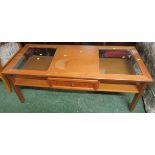 RECTANGULAR TEAK COFFEE TABLE WITH PULL THROUGH DRAWER AND GLASS PANELS
