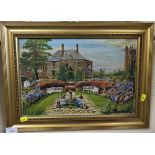 FRAMED OIL ON CANVAS OF GARDEN SCENE WITH HOUSE AND CHURCH BEYOND, INITIALED AND DATED 1949 TO LOWER