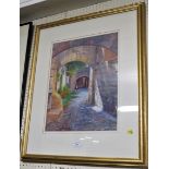 FRAMED AND GLAZED MIXED MEDIA PICTURE OF SUNLIT BACK STREET AFTER KEITH BENGE