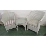 PAIR OF PALE GREEN PAINTED LLOYD LOOM ARMCHAIRS AND MATCHING CIRCULAR TABLE WITH GLASS TOP