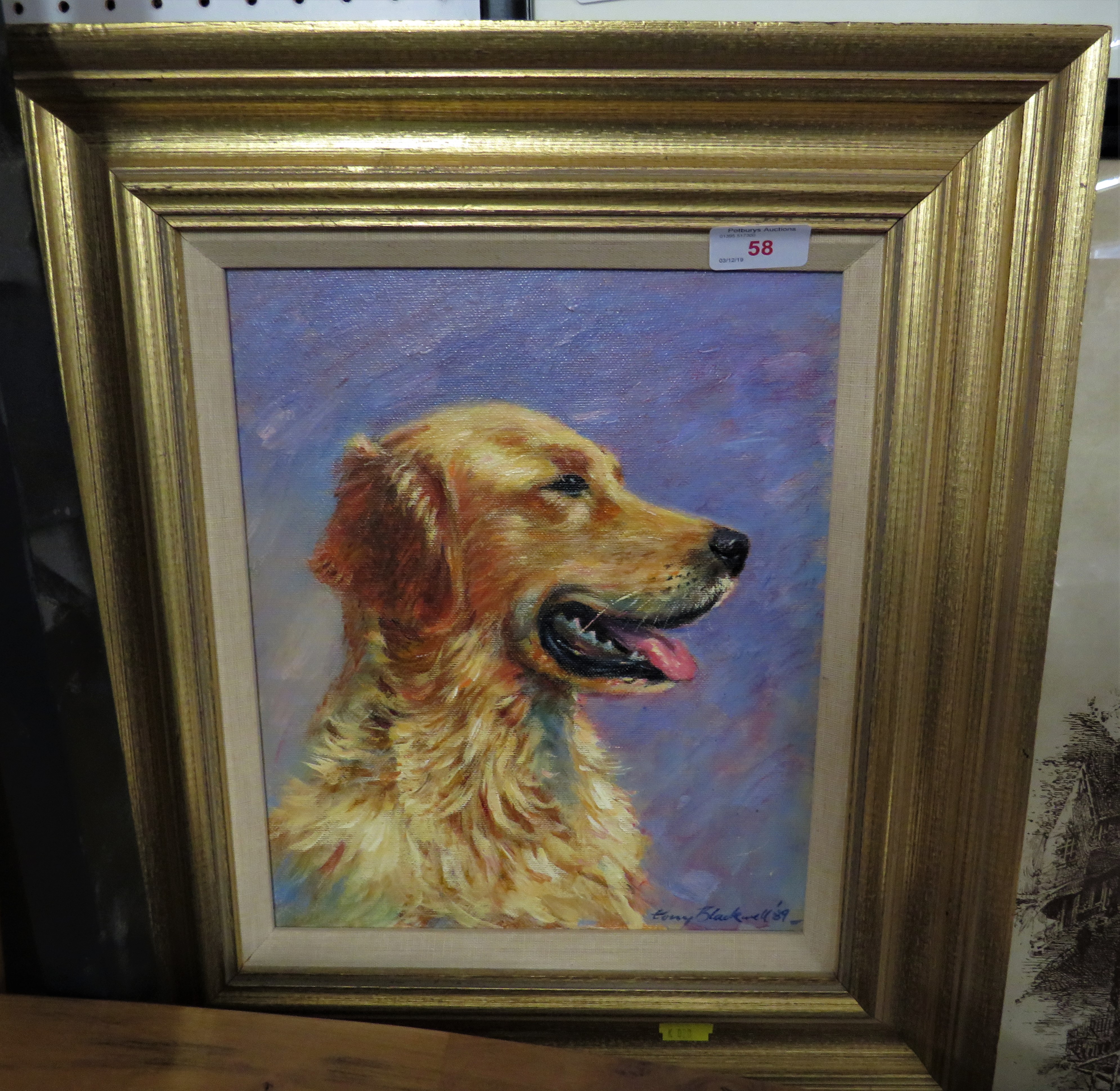 CANVAS PORTRAIT OF GOLDEN RETRIEVER SIGNED TONY BLACKWELL '89